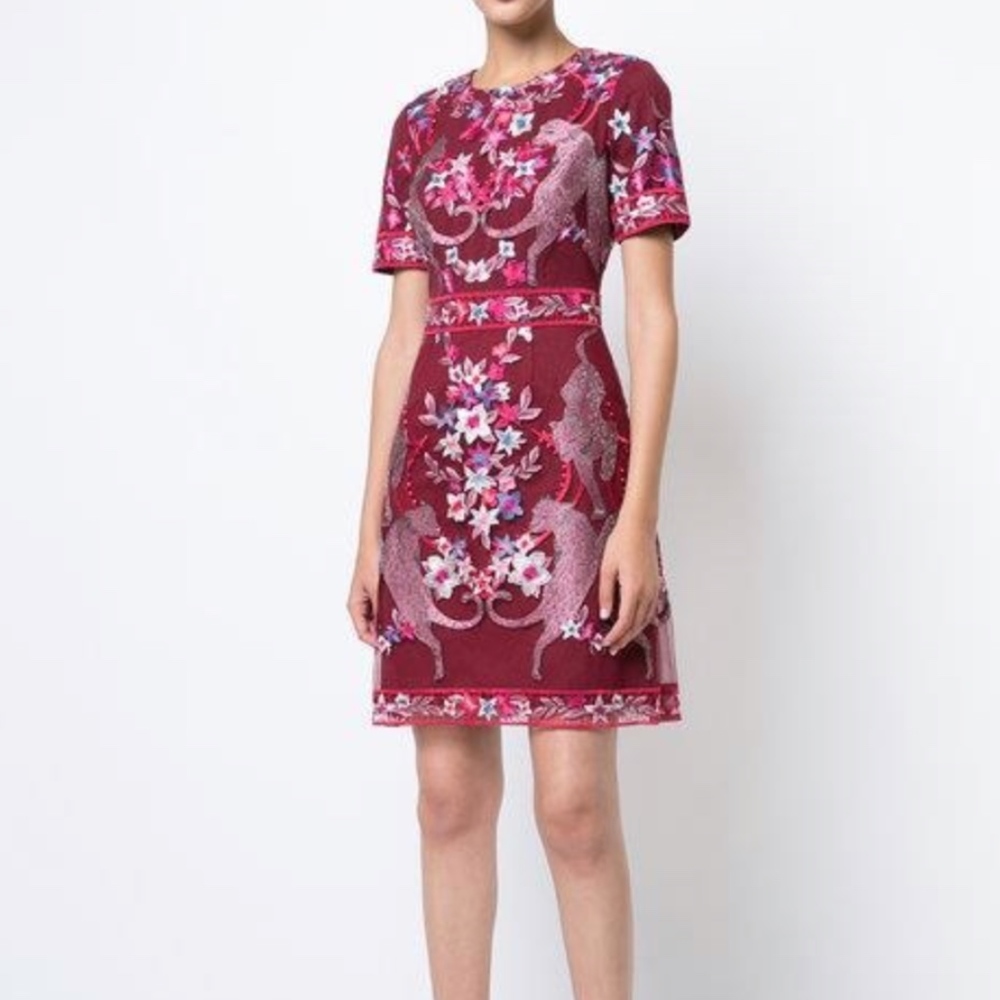 Marchesa Notte Short Sleeve Embroidered Dress NWT